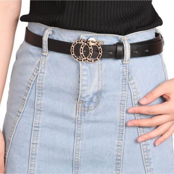 Black faux leather elegant double chunky chain link ring Gold buckle waist belt - Picture 7 of 12